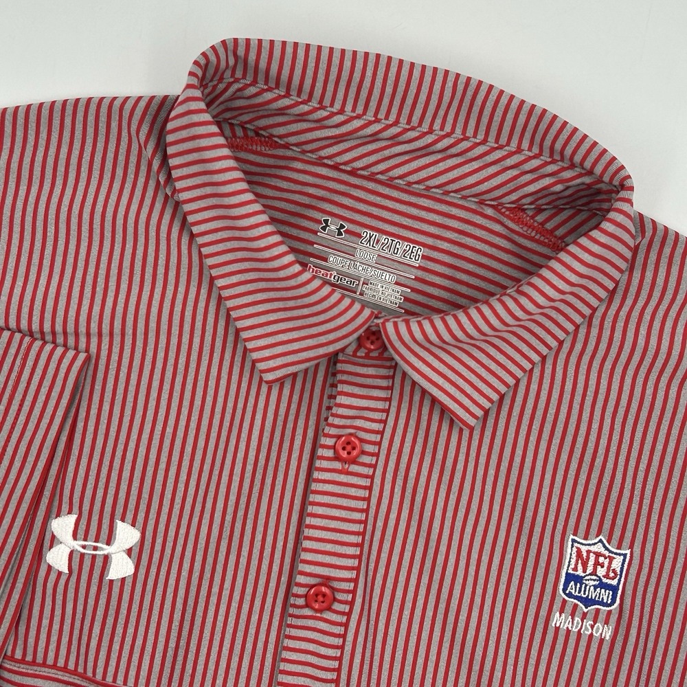 NFL Alumni Madison Under Armor Red & Gray Striped Polo Men's 2XL Loose Heat Gear